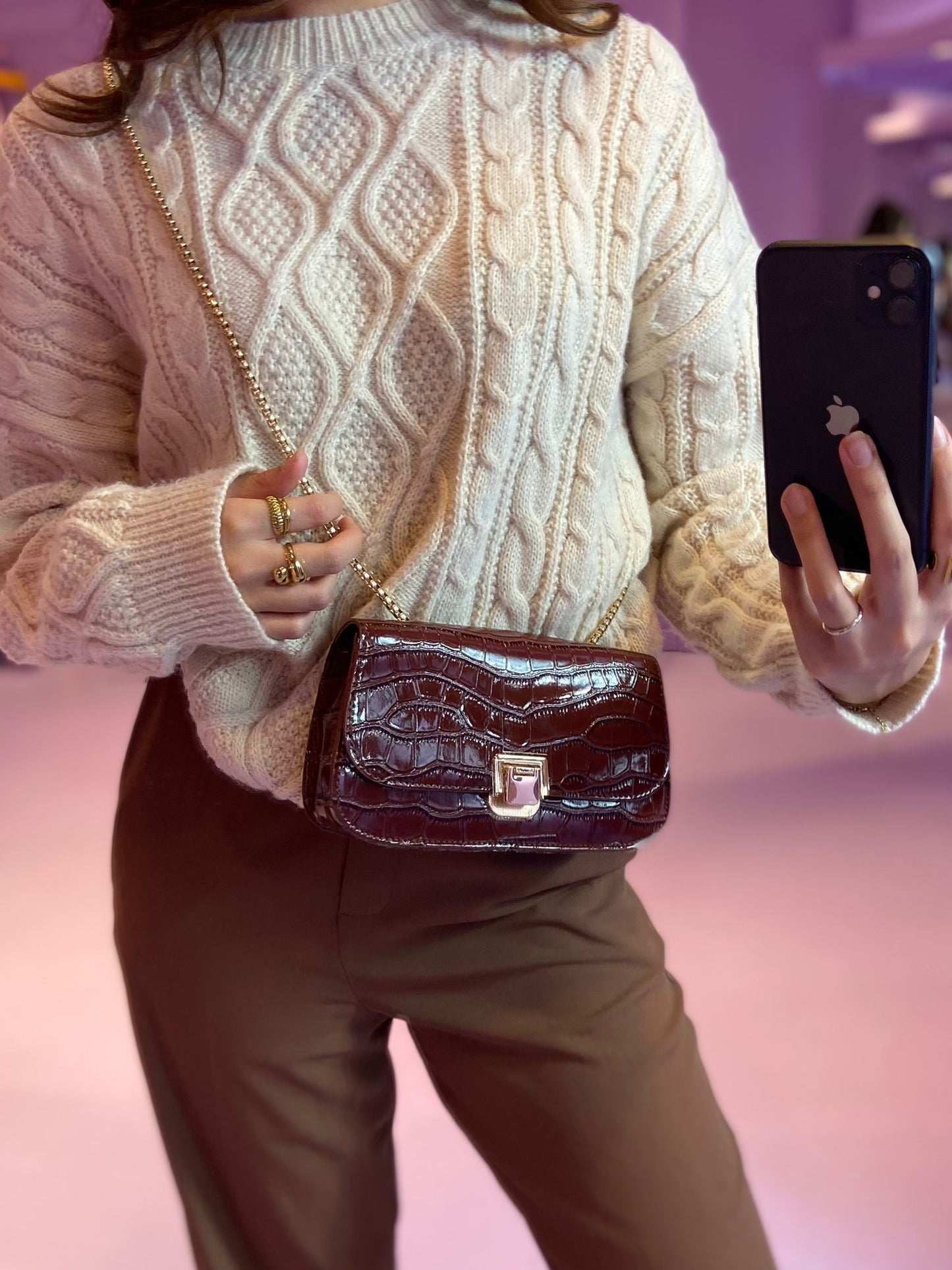 Cora Croco Brown Schoudertas