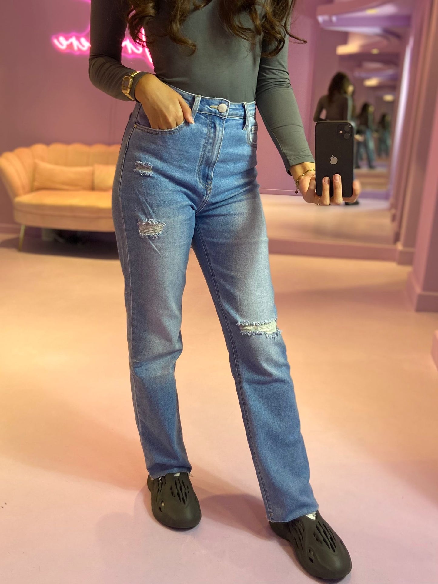 Indigo Straight Ripped Jeans