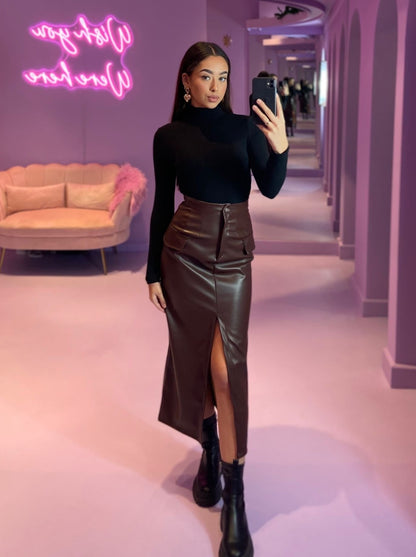 Faux Leather Skirt Chocolate